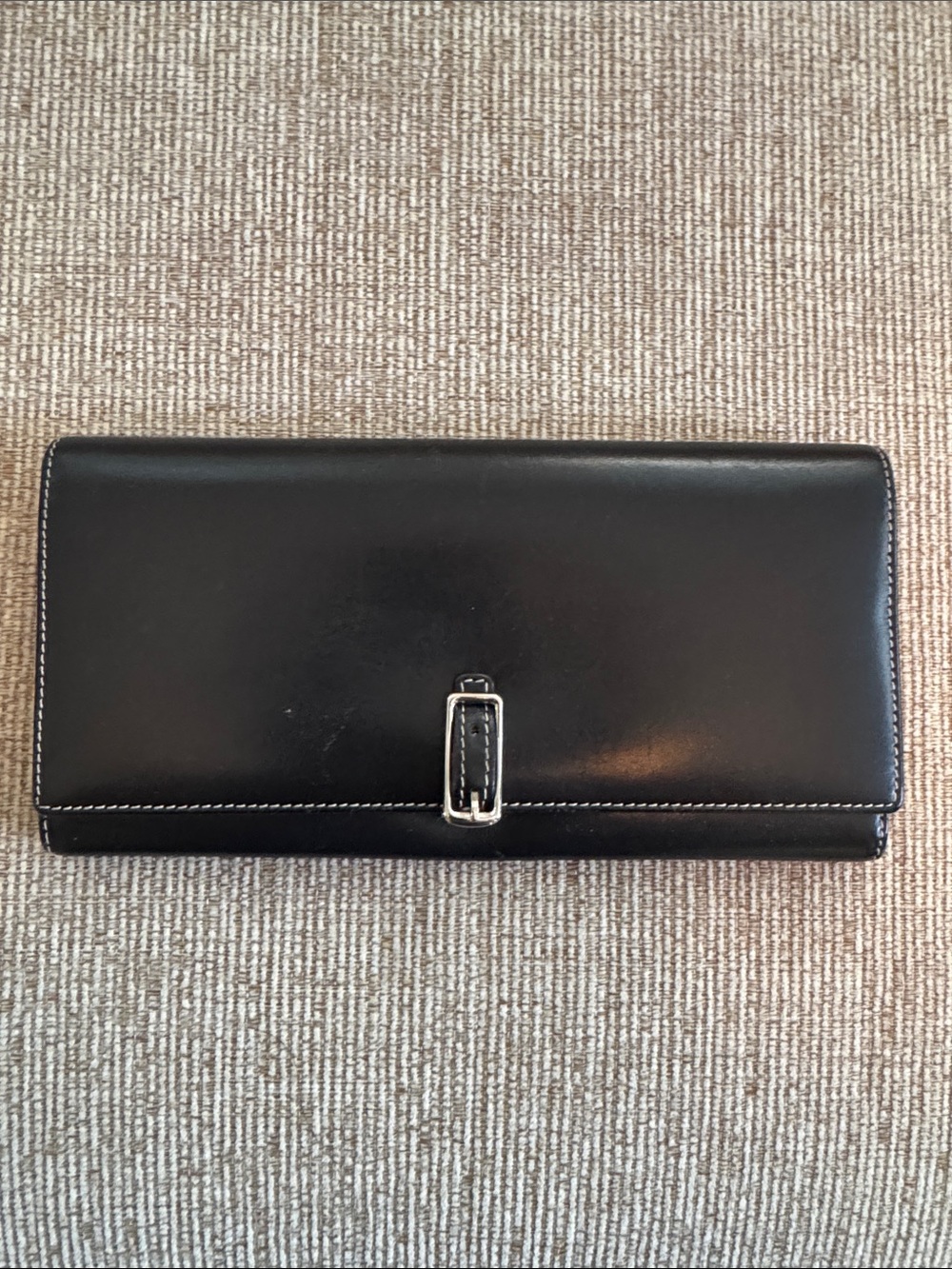 Coach Classic Black Leather Women's Card Holder with Silver Buckle Accent